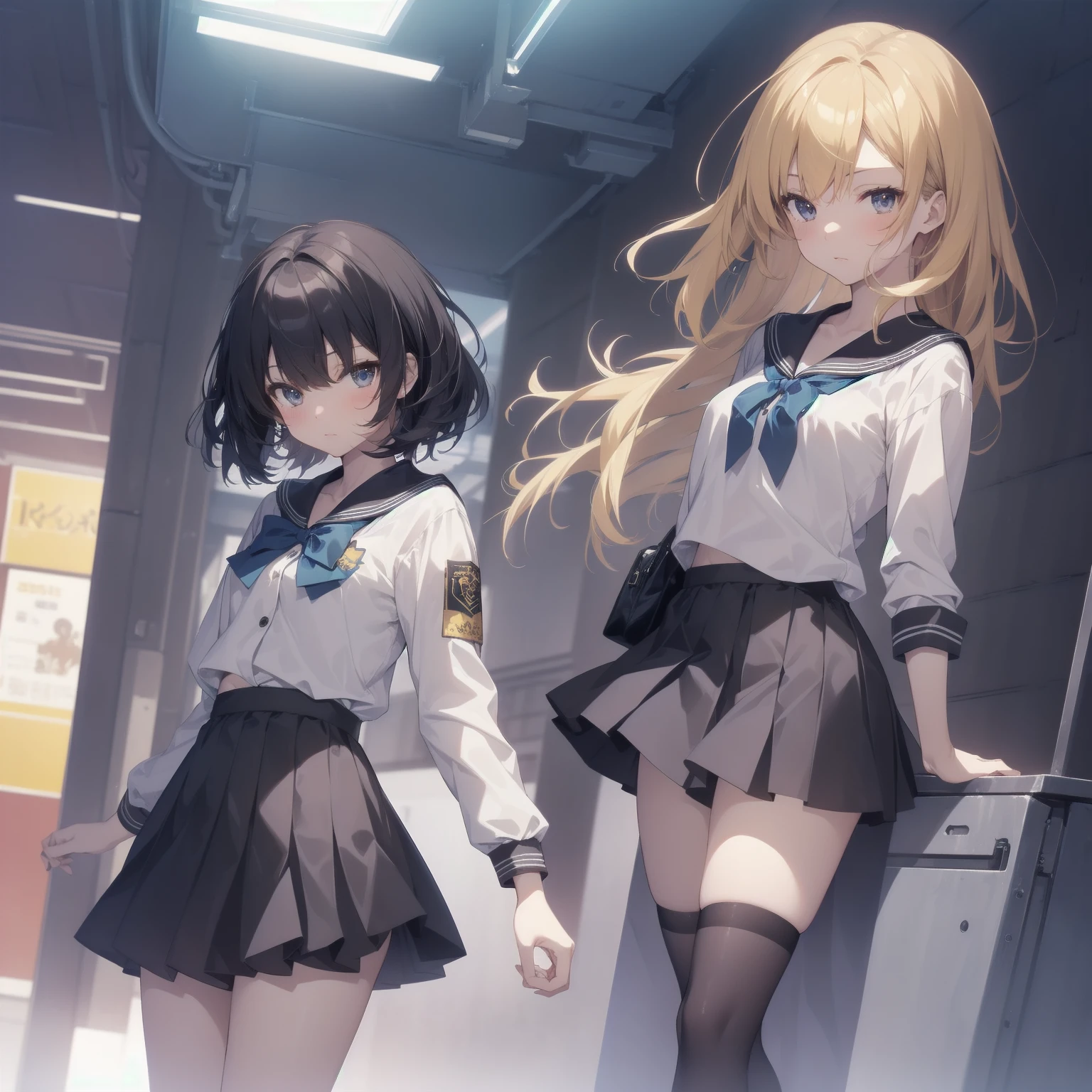 body 8 times longer than head, (Highly detailed CG unity 8k), (highest quality)(very detailed)(ultra high resolution), High school girl wearing a navy sailor suit, Anime 2D rendering, realistic young anime high school girl,light smile, purple eyes, small breasts, tall, slanted eyes, school scenery, bright color, Dark blue skirt,nsfw, nude,3 girl,