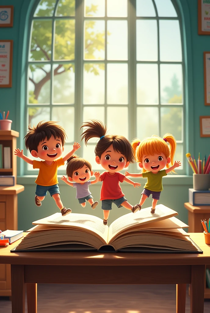 Cover of the subject: socio-educational diagnosis. Children coming out of a book in a classroom.