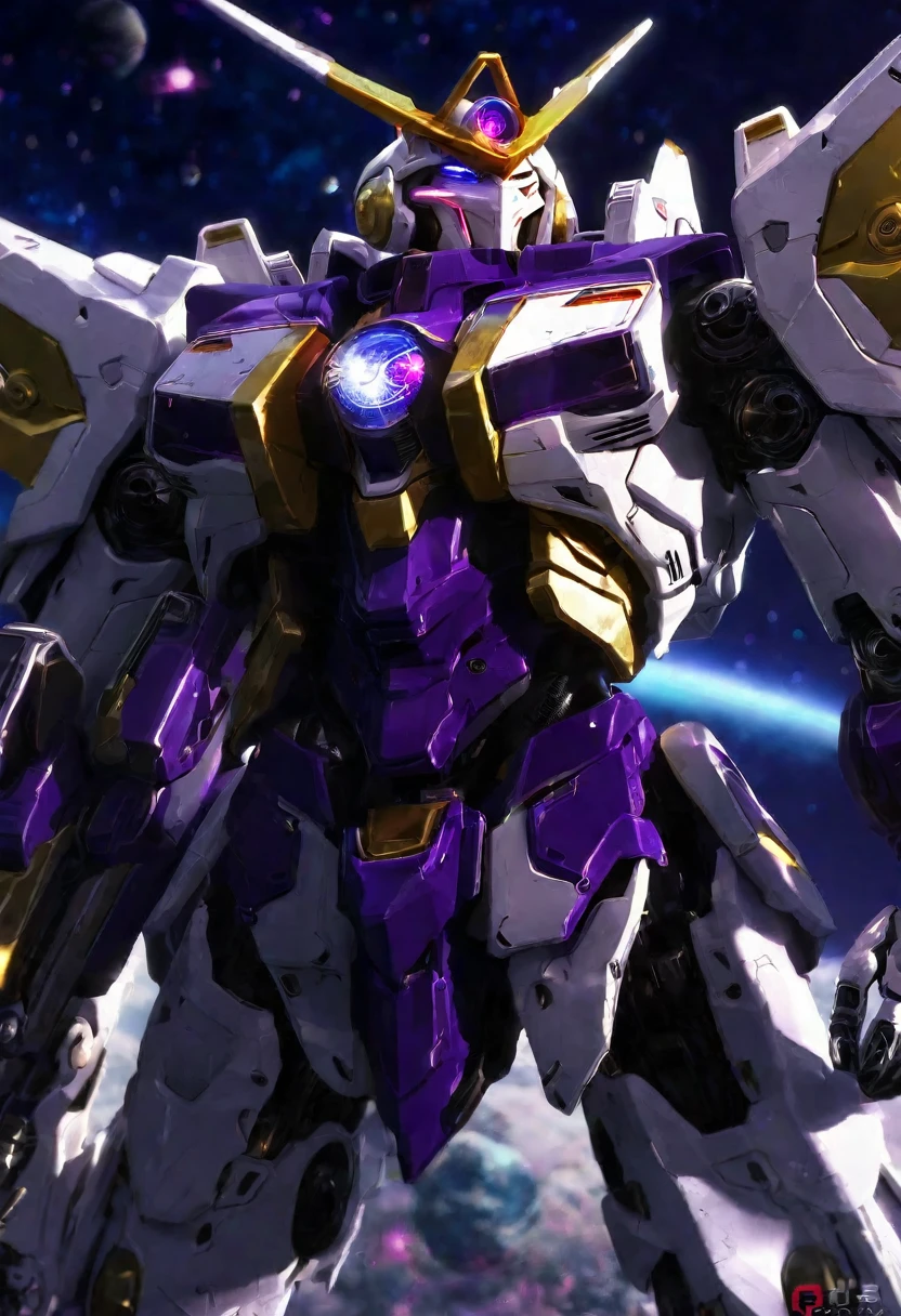 a violet gundam robot, samurai styling, staring up, low angle, lunar surface, raging battle in space, best quality, 8k, highres, masterpiece, ultra-detailed, realistic, photorealistic, HDR, UHD, studio lighting, ultra-fine painting, sharp focus, physically-based rendering, extreme detail description, professional, vivid colors, bokeh, mecha, science fiction, dramatic lighting, cinematic, powerful, striking pose, dynamic action, epic scale