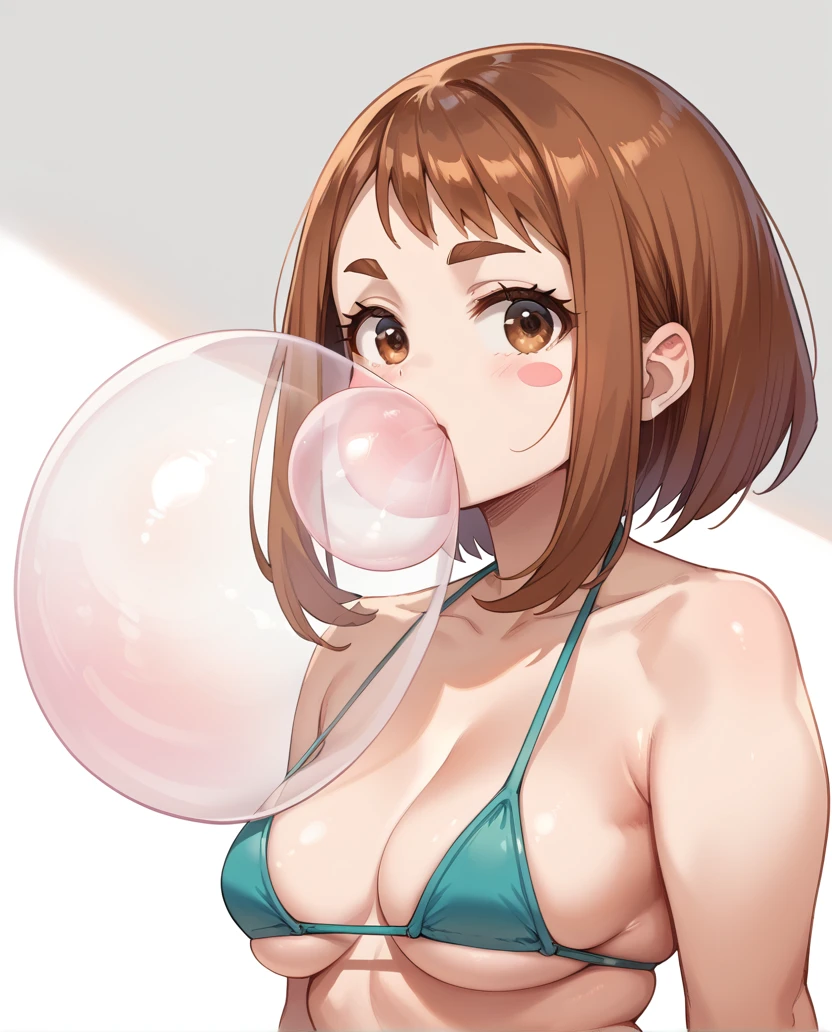 (Best quality, masterpiece, anime quality, full view), 
1girl, Uraraka Ochako, thick_eyebrows blush_stickers, brown_hair, brown_eyes, short_hair, sideburns, shiny hair, medium breasts, skindentation +++ v-shaped_eyebrows, (blowing clear (((gigantic biggest))) bubblegum), clear sexy bikini, poses