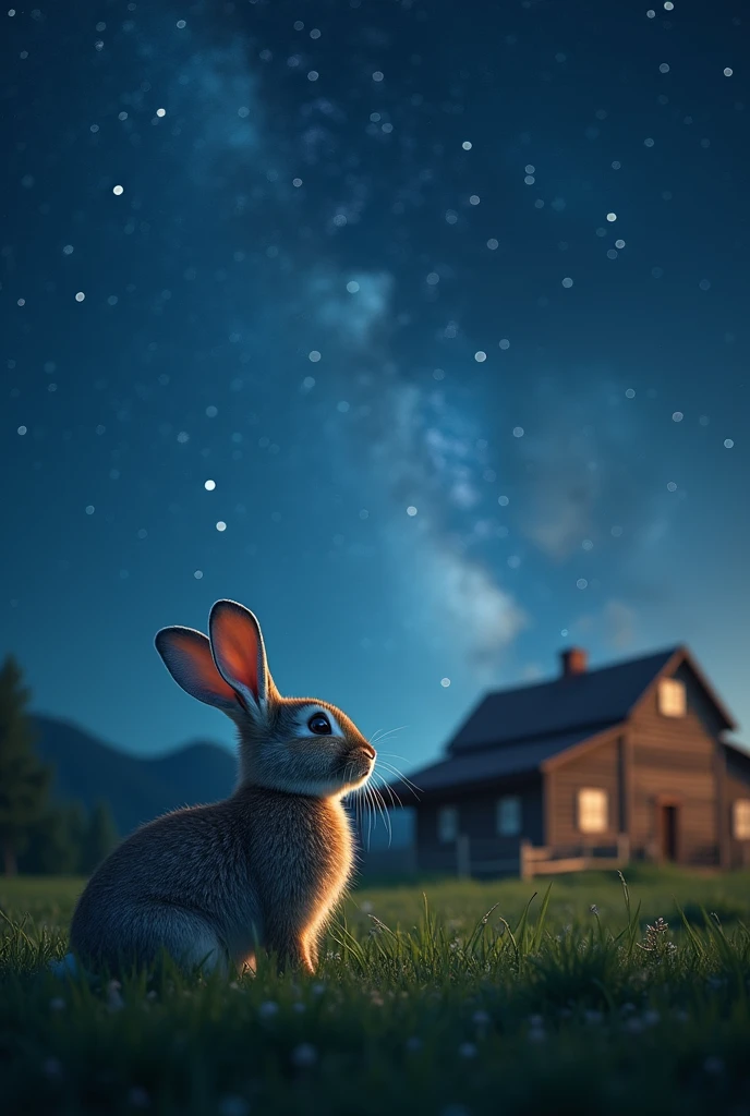 a beautiful detailed starry night sky, a rabbit gazing up, a rural countryside farmhouse in a grassy field, (best quality,4k,8k,highres,masterpiece:1.2),ultra-detailed,(realistic,photorealistic,photo-realistic:1.37),highly detailed night sky, glowing stars, detailed rabbit, fluffy rabbit, rabbit looking up, detailed grass field, wooden farmhouse, moonlit night, serene rural landscape, atmospheric lighting, cinematic composition