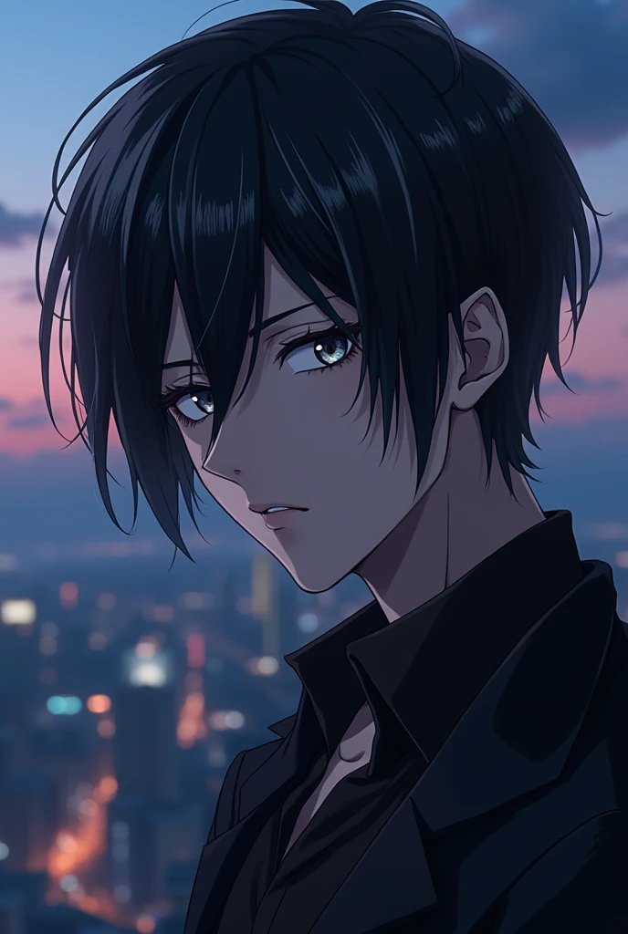 An anime man, black hair, cold silver eyes, half body, close up, silver highlights hair