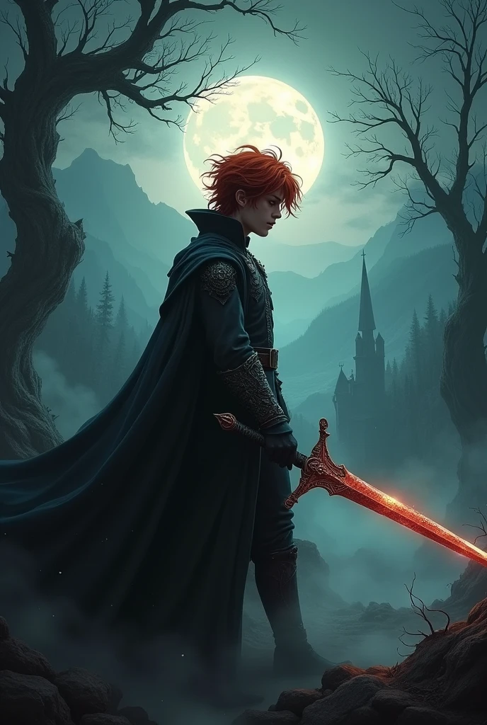Dark fantasy Red-haired prince with short hair Frozen With a sword