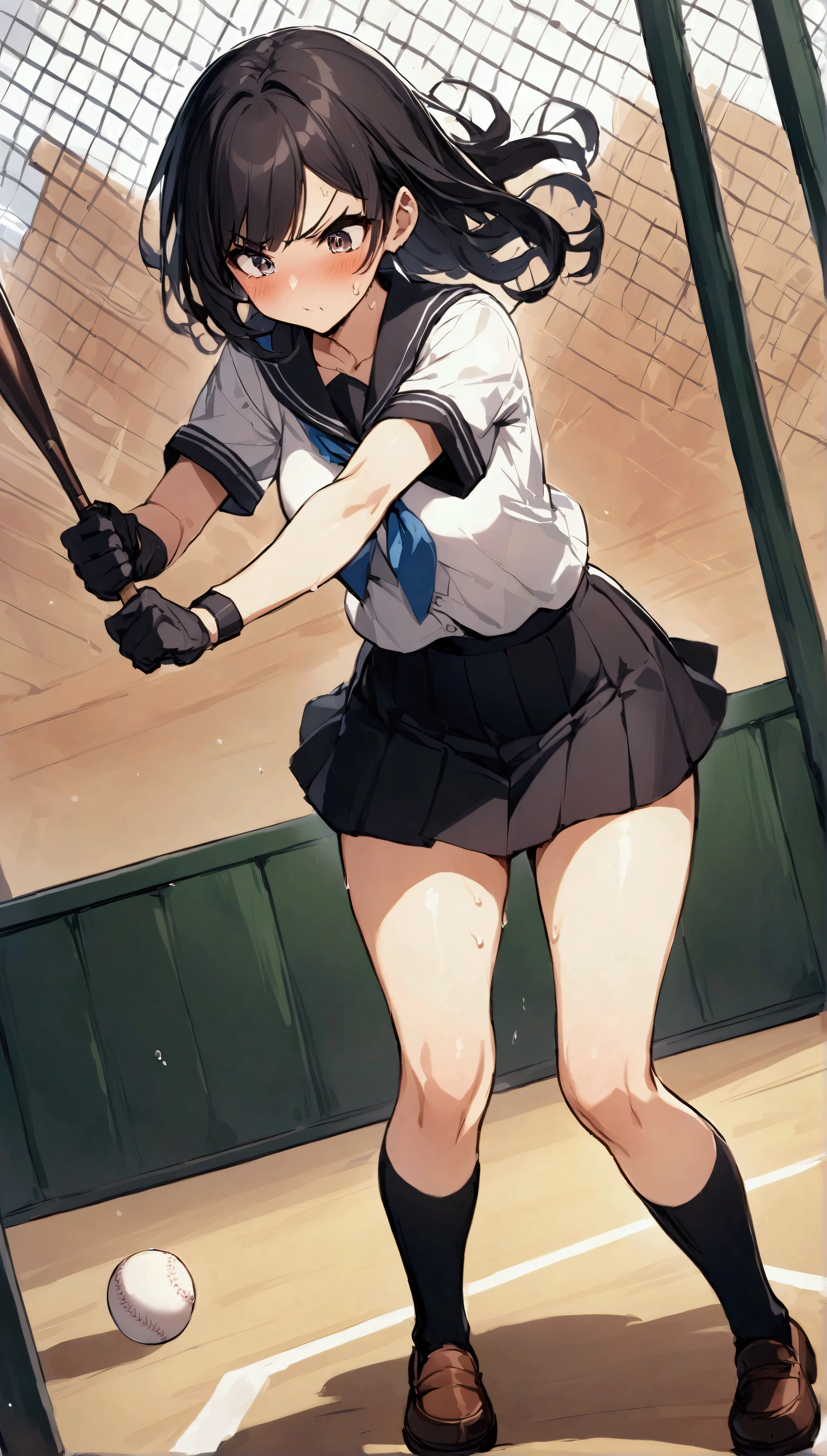 Animated image of a player swinging a baseball bat at a ball,{{action}},JK,1girl, solo, {{swing a baseball bat:1.8}},Baseball bat,swing,twist,{{masterpiece}}, {{{Highest quality}}},{{Very detailed}},full body, dutch angle,Dynamic composition, A high school girl is swinging and missing at a batting cage,school uniform,mini skirt,Short sleeve blouse clavicle Knee-high socks Speed Line Motion Lines ,Batting Center,Bat,Sweat,Bad mood, be flustered,,{{v-shaped eyebrows}},Bad mood,blush,Sweat,raise one's eyebrows ,Black Hair,batting glove ,loafers,Indoor batting center,sidelong glance,Black Skirt