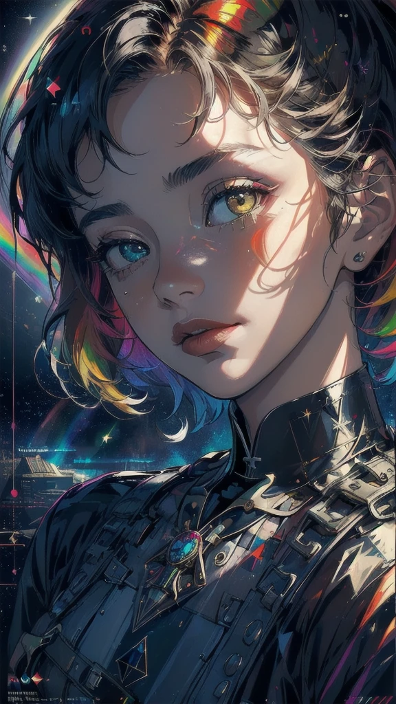 (((masterpiece, highest quality))),(((solo:1.2))),(((1girl:1.2))),32k wallpaper, very detailed, poster, vintage science fiction,(((((geometric cinematic movie poster))))), ((((bauhaus)))),(((abstract))),((((mid century modern)))),(((((portfolio))))),(((((Close-up))))),(((((bust up))))),((((more various angle)))),(((highlight))),((((heterochromia)))),(((complete. detailed face))),(((Extremely talented))),(((most complecated machine))),(((Overall colorfully))),((((((Absolutely Fantastic background)))))),(((amazing huge rainbow))),(((Freemasonry)))