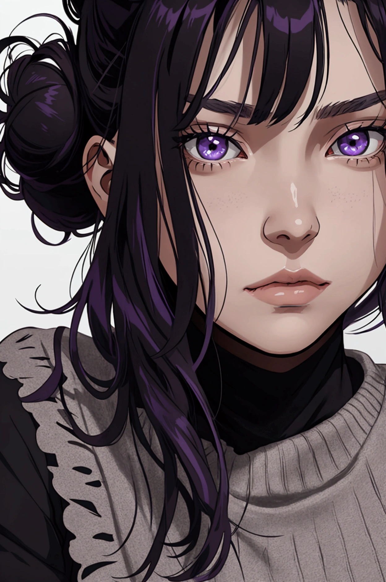 20 year old western college woman serious with dark expression and sexy frown she has long and very dark hair, with a few purple highlights she has a loose bun. Eyes in a dark brown shade, wear clothes in neutral colors, usually makes a play with black and gray and white details, It has a kind of dark academia style, with visible neckline, no back ground, graphic novel art style
