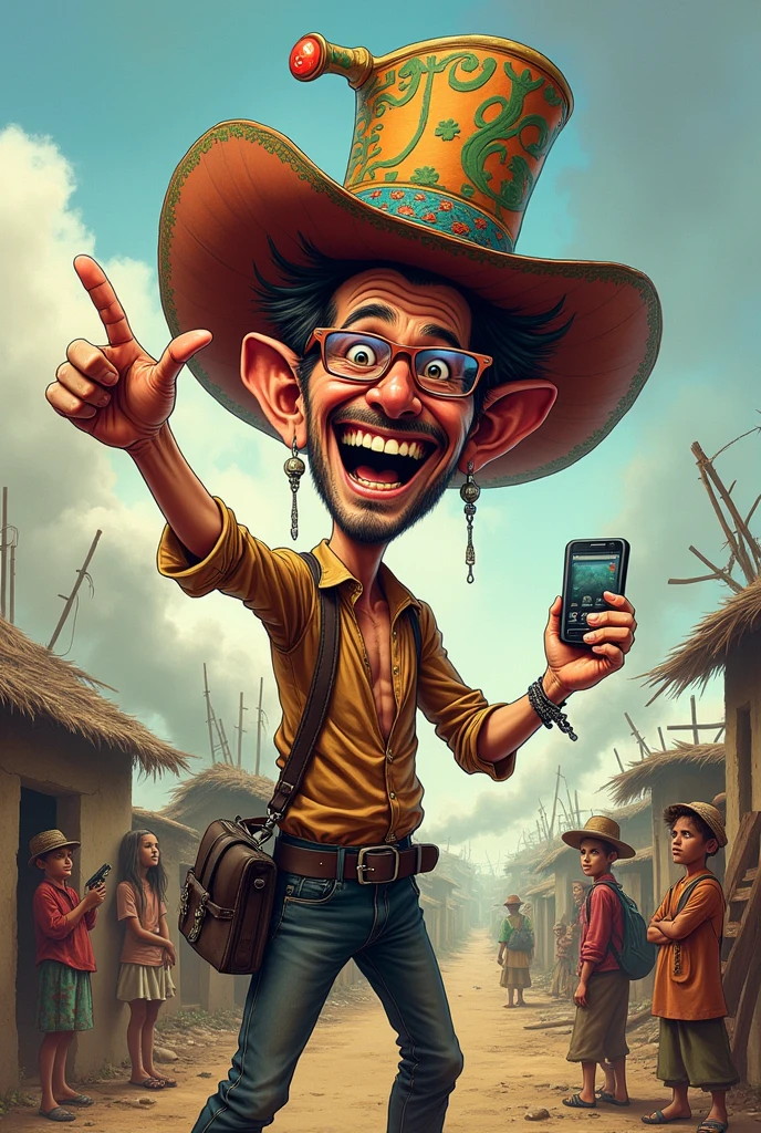 Imagine a man in a hat with a new generation cell phone and ties to poor peasants at war and asking for peace. Caricature