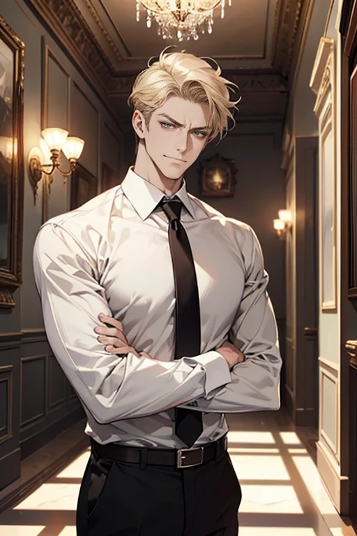 (masterpiece, High resolution, Super detailed:1.0), (1 male, Masculine face), Perfect Male Body, Tall and strong, Adult male, Delicate eyes and a delicate face, Highly detailed CG, unity 8k wallpaper, Intricate details, Detailed face, ( Short grey-blonde, Serious face, White shirt,Bad businessman), (Frowning,smile:1.3), Standing in the corridor of a Western-style mansion, Street Style, Color Difference, Depth of written boundary, Dramatic Shadows, Ray Tracing, Highest quality, Cinema Lighting, Official Art,Portraiture