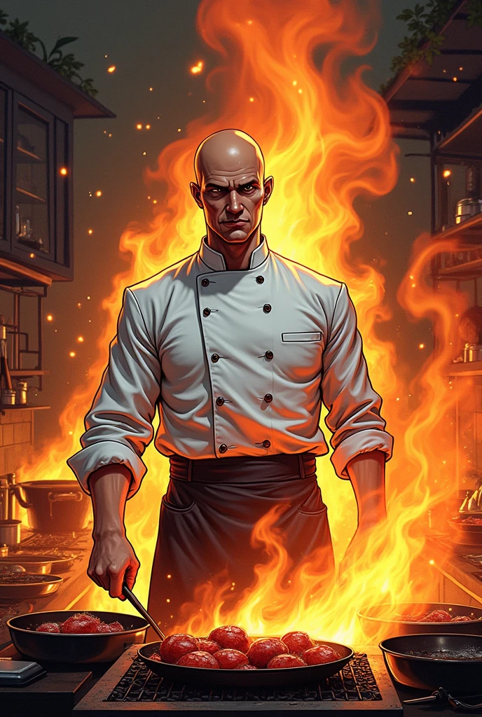 Comic of a hatless wizard in a chef's jacket looking straight ahead and preparing black charcoal meat with a half-smile, arrogant look surrounded by an atmosphere of a kitchen of fire and a lot of heat