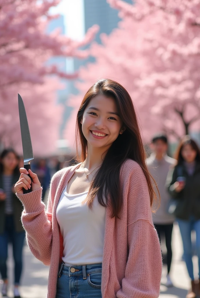 Japan、Knife in one hand、smile、Female college student