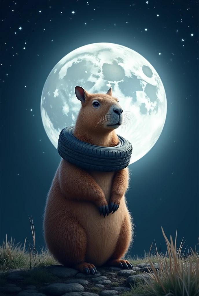 Create an image of a bright supermoon in the night sky. Inside the moon, show a capybara with a tire around its neck, creating a curious and funny contrast