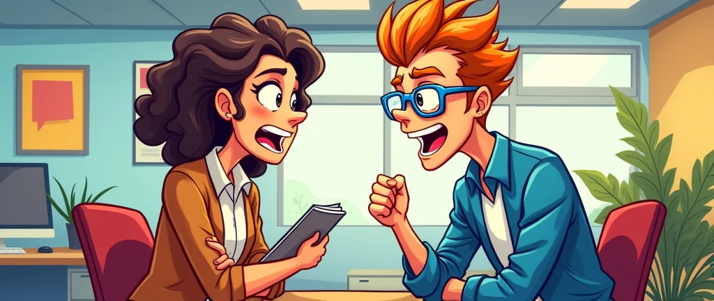 Two employees talking, having different opinions in a company, cartoon style.