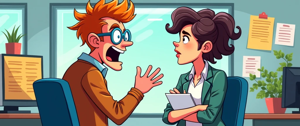 Two employees talking, having different opinions in a company, cartoon style.