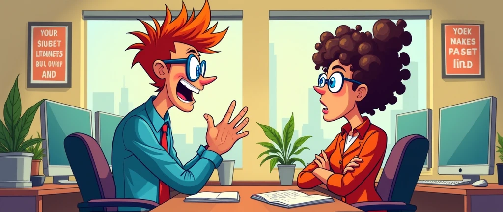 Two employees talking, having different opinions in a company, cartoon style.