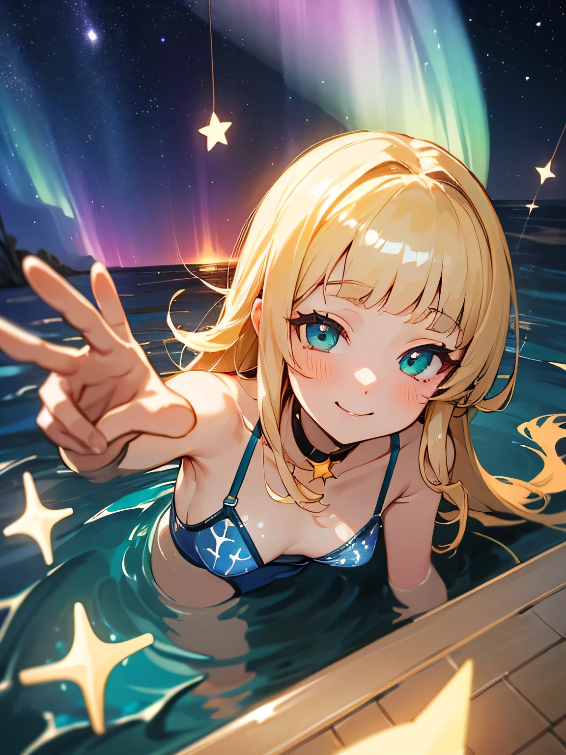 (from above:1.3),(leaning forward:1.3),solo,upperbody,close up cute sexy face,beige twist upside, (blunt bangs), colorful fashionable plunging swimwear, (Model Pose), peace sign、((sinking shiny stars objects sea:1.2))、(starry night ,Beautiful aurora sky), Fantastic、dazzling,seaside, looking at me,(I am the star:1.2),smile、Best Quality、high quality、