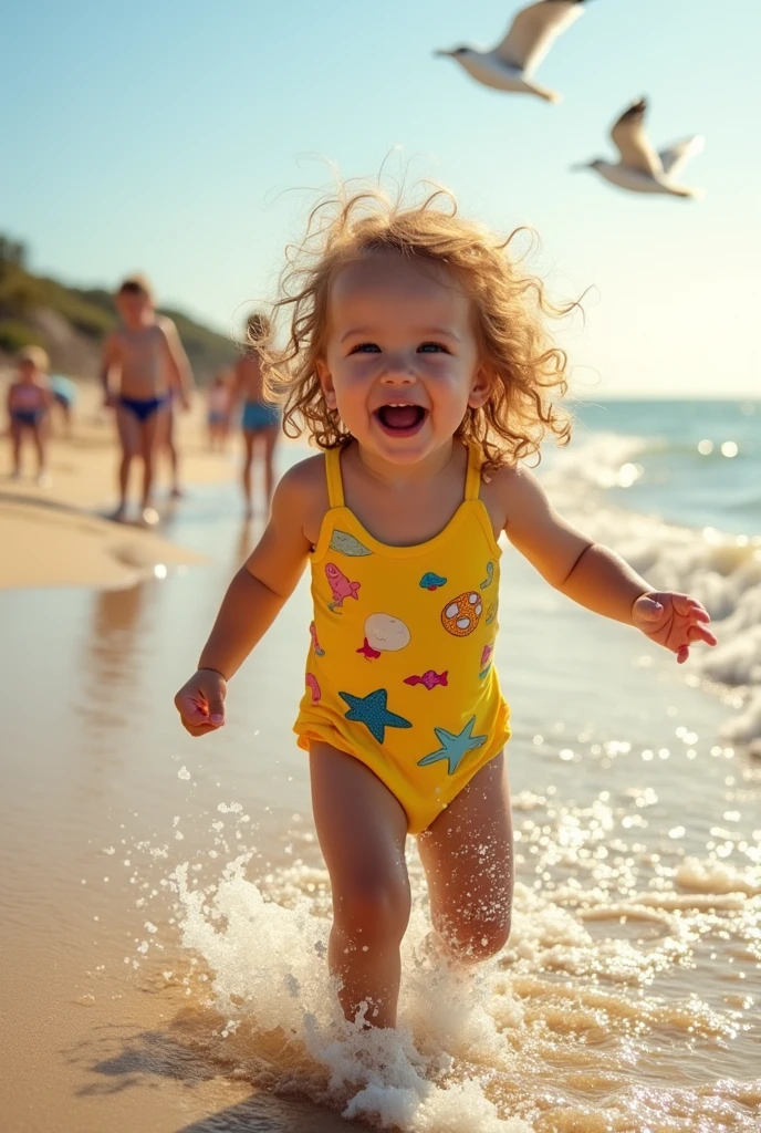 Create an image of a 3-year-old curly-haired girl playing in the sea.