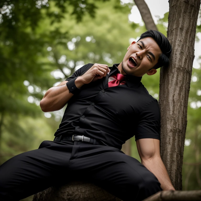 33 years old,One Man,、Black Shirt、Red tie、Black gloves、Forest、Lying on your back on a tree、 logic, ,Black Hair、Very short hair、undercut、Handsome fighter Asian Face Stubble、The crotch area of your trousers is bulging Black sunglasses Seen from below Beaten and screaming
