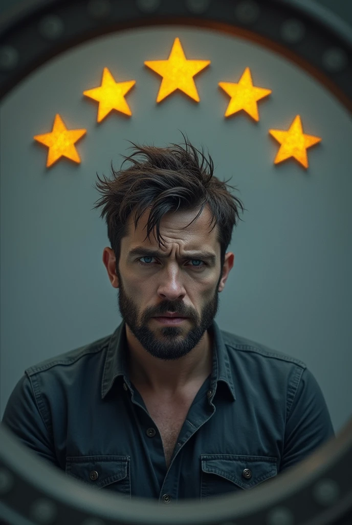 Image of the character Logan upset, the circular type image and that has 5 stars in the shape of an arch
