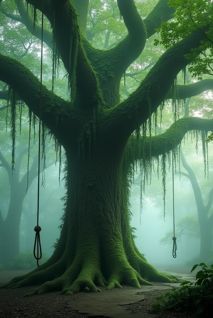 make an image of a misty wood with a big leafy tree with a rope tied in one of the branches of this tree