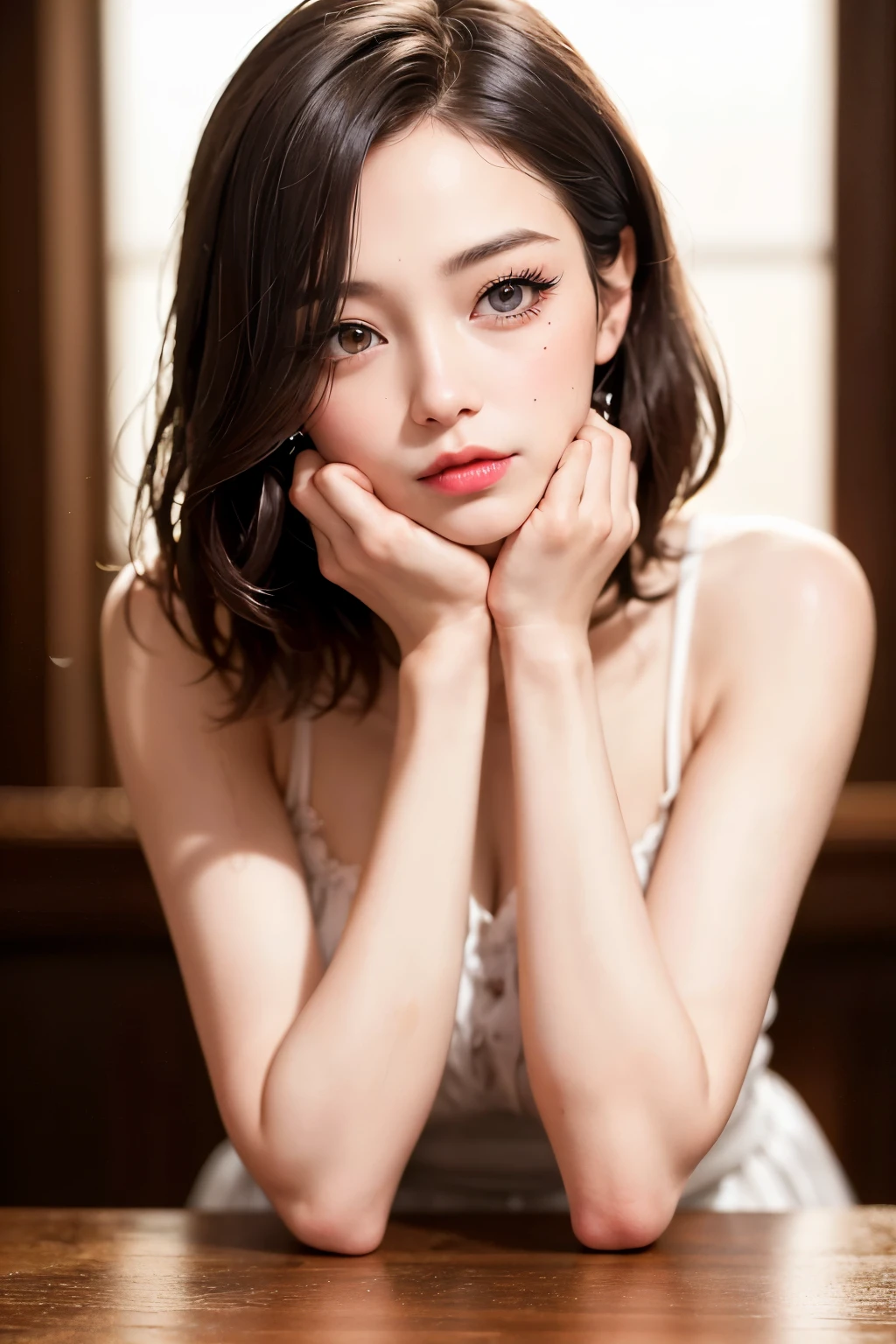 (Tabletop, Highest quality、Very attractive adult beauty、Add strong highlights to the eyes、Look closely at the camera:1.4、A beautiful woman with mature charm、Ideal body type、Perfect Anatomy、Short Brunette Bob、Shiny Hair、Lip gloss),One person'S, One personで, 明るい茶色のShiny Hair, scarf,Realistic, Looking at the audience、Please tilt your head a little, Bright colored crystal light blue eyes, 短いShiny Hair、 chestの中央に穴が開いた白いタートルネックの服,chestの真ん中に丸い穴が開いたセクシーな白いタートルネックのニットセーター、 lips, Lip gloss,prohibit, Upper Body、Big eyes、eyelash、Face is a little red、Embarrassing)、((Italian road system in winter))、((Short hair with bangs、Big eyes、Give students a very strong highlight、{Hugeな|big|Hugeなな|Mega} chest:2、とてつもなく大きなchest:2、Gazing at the audience、Very beautiful beauty、Listen carefully、Long neck、Laugh a little、Beautiful Teeth、Laughing with your mouth open、Heart-shaped pupils))、28 years old、Very cute supermodel、{Huge|big|Hugeな|Mega} chest, chestの谷間、A very picturesque background、Beautiful out-of-focus background、A wonderful sexiness filled with elegant charm