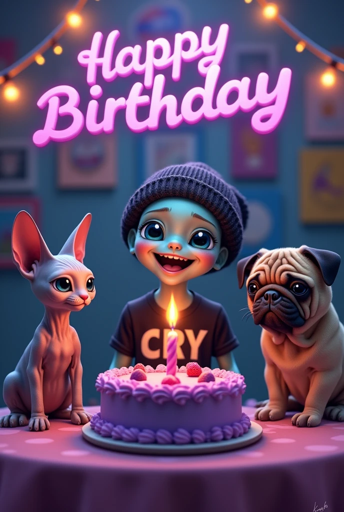small male alien, with a tender face with blue eyes, dressed in a black beanie, Black t-shirt with the name CRY, with a purple cake with a 25th birthday candle, accompanied by his Sphynx cat and a pug dog, with the phrase at the top happy birthday Cri Cri, realistic, intricate details