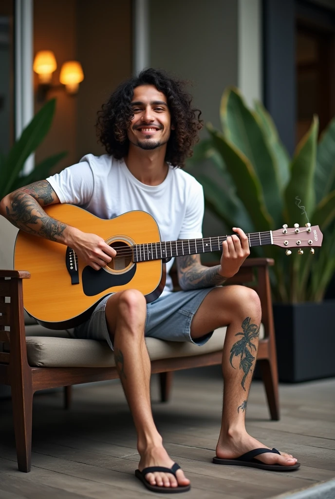 Photography of a typical 20 year old Indonesian male ager with long curly hair and tattoos wearing a white t-shirt, shorts, flip-flops, sitting casually playing the guitar.,drinking coffee and smoking cool luxury background