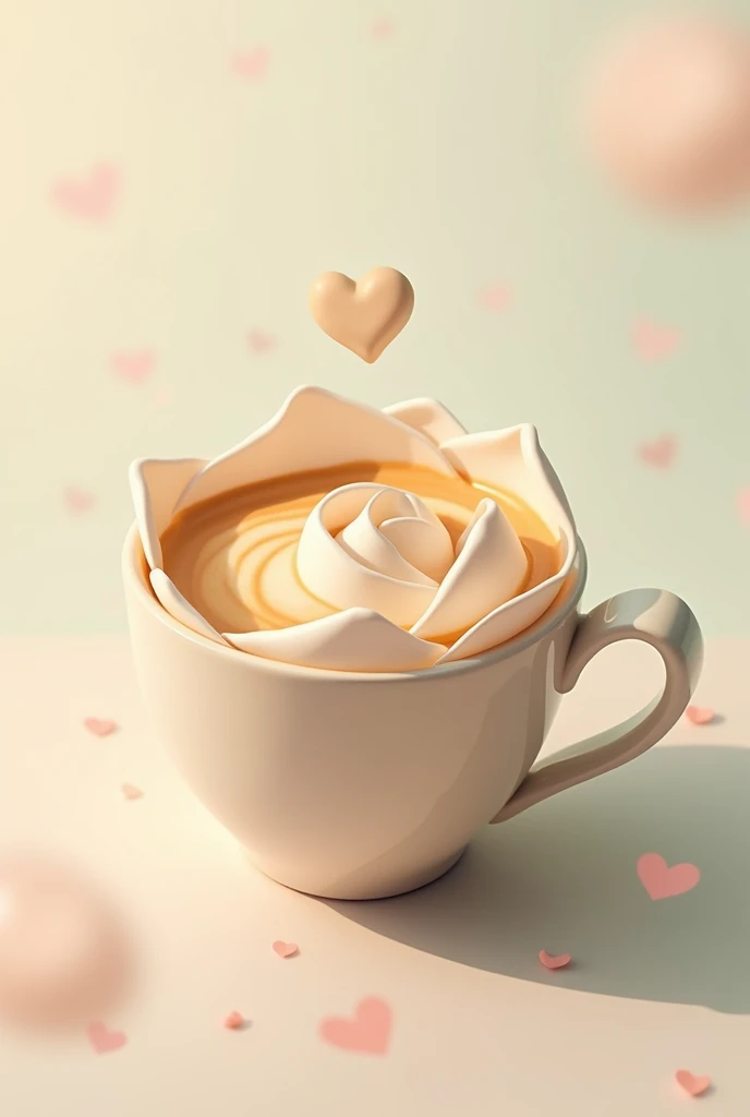 a cup of coffee in the shape of a rose with a heart on top in 2d cream colors