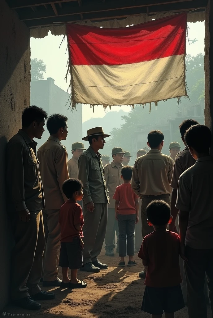 A sad nuance set against the backdrop of a war between groups of people, farmer, officer, laborer, Study, students and children in a country and there is a tattered Indonesian flag