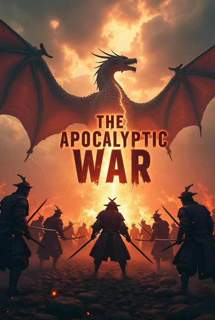 A medieval war where samurai attack the sensei masters reflected with dragons where it says in letters the apocalyptic war 
