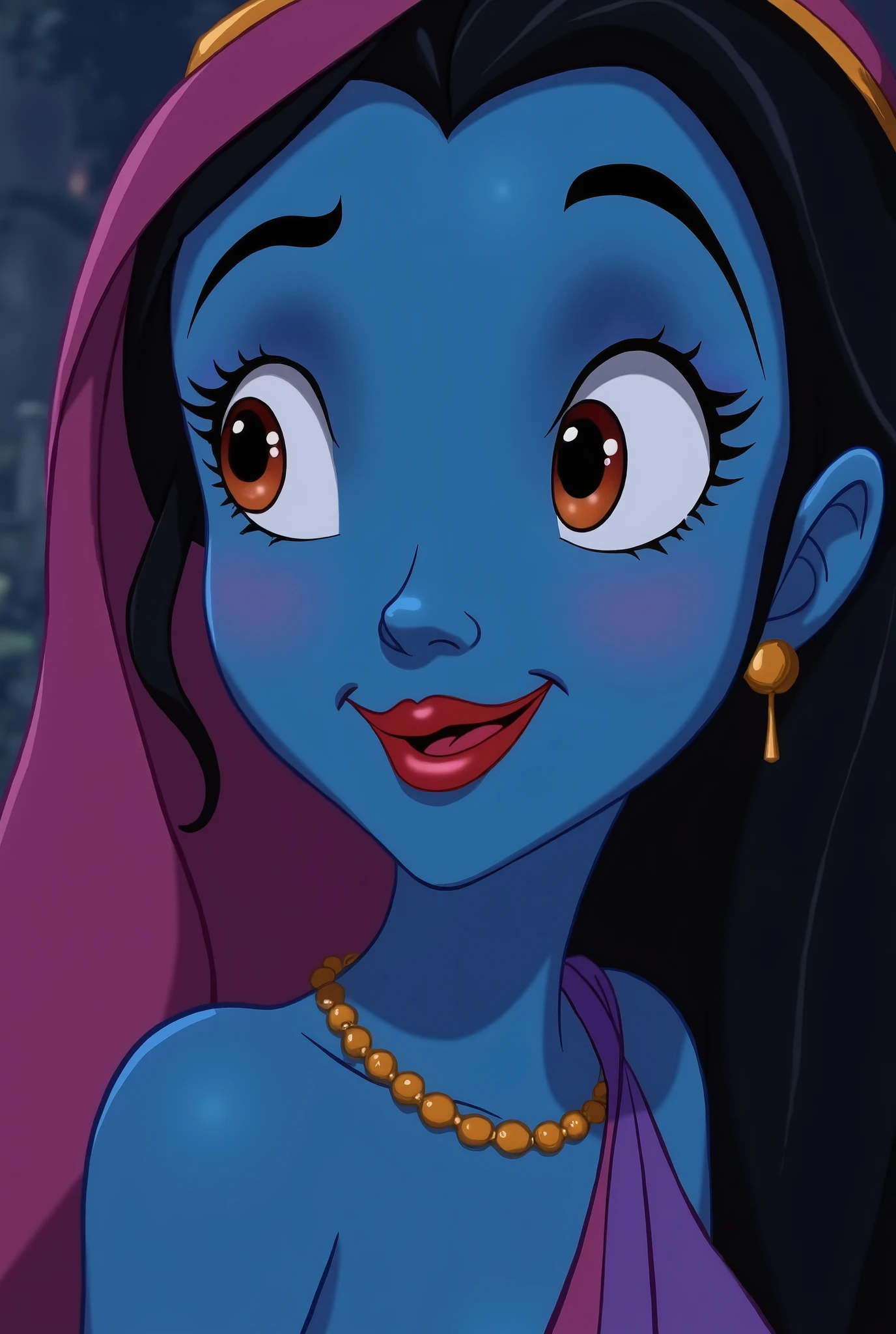 Close-up of Aladdin, the main character in the Disney film Aladdin, and Genie, the jolly lamp fairy. Close-up of Genie the Lamp Fairy. Jeanie the Lamp Fairy faces many adventures as Aladdin's master. Genie's expression is curious, super energetic and good at telling jokes. She is a friendly lamp fairy who always makes everyone around her feel at ease. She begs for freedom to escape from the lamp where she belongs. Jeannie is a big, macho man with a blue body. He specialises in the ability to transform into anything. He inhabits a lamp and when he rubs it, smoke comes out of the lamp's mouth. His mouth is supposed to be wide open, reflecting the surreal world of the desert kingdom of Agrabah. The jolly lamp fairies Jeannie, Aladdin and the Wizard. The lighting is soft yet dramatic.