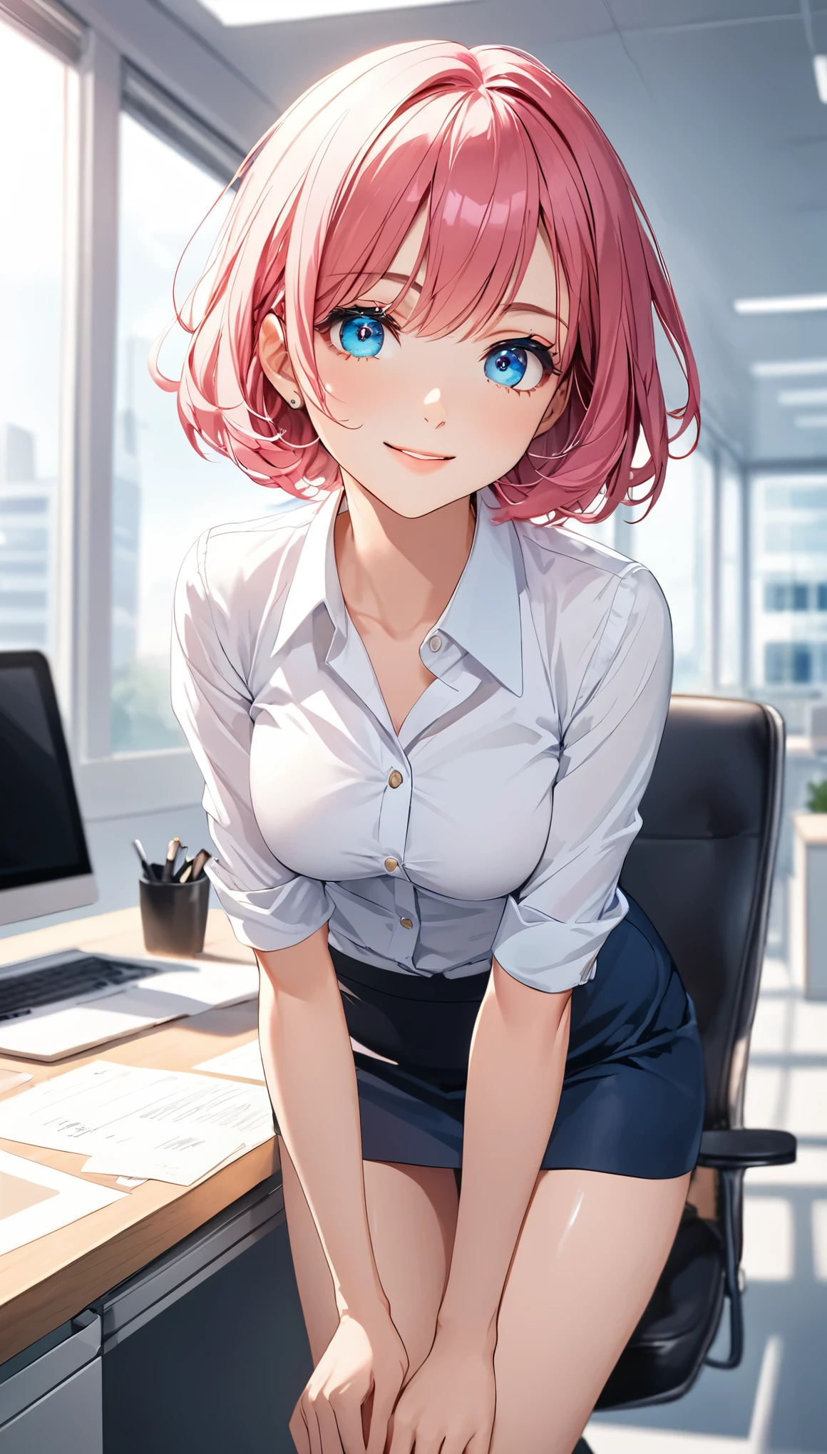 hot pink hair, very short hair、cowboy shot, office lady, (micro mini-skirt), Light blue panties , leaning forward, Sitting in a chair、 a girl、24-years-old、Best Bust、Mid-chest、Beautiful Eyes、Blue Eyes, red cheek、masterpiece, High resolution、8K quality、Anime Style、Cute face、((Top quality eyes)),Blue Eyes, Natural light、In a white-based office, Natural smile