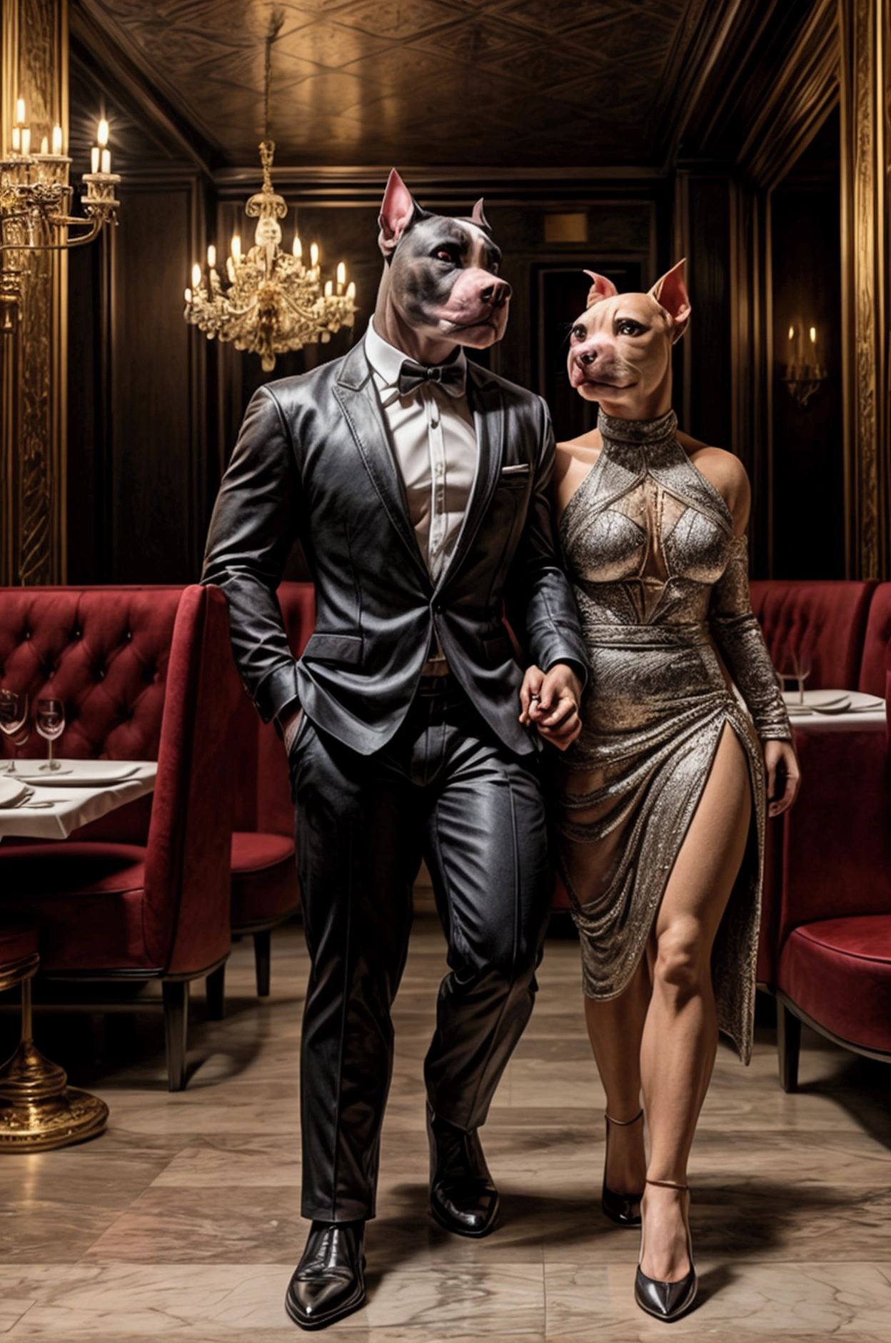 Pit Bull couple wearing stylish clothes at a dinner in super sharp elegant restaurant