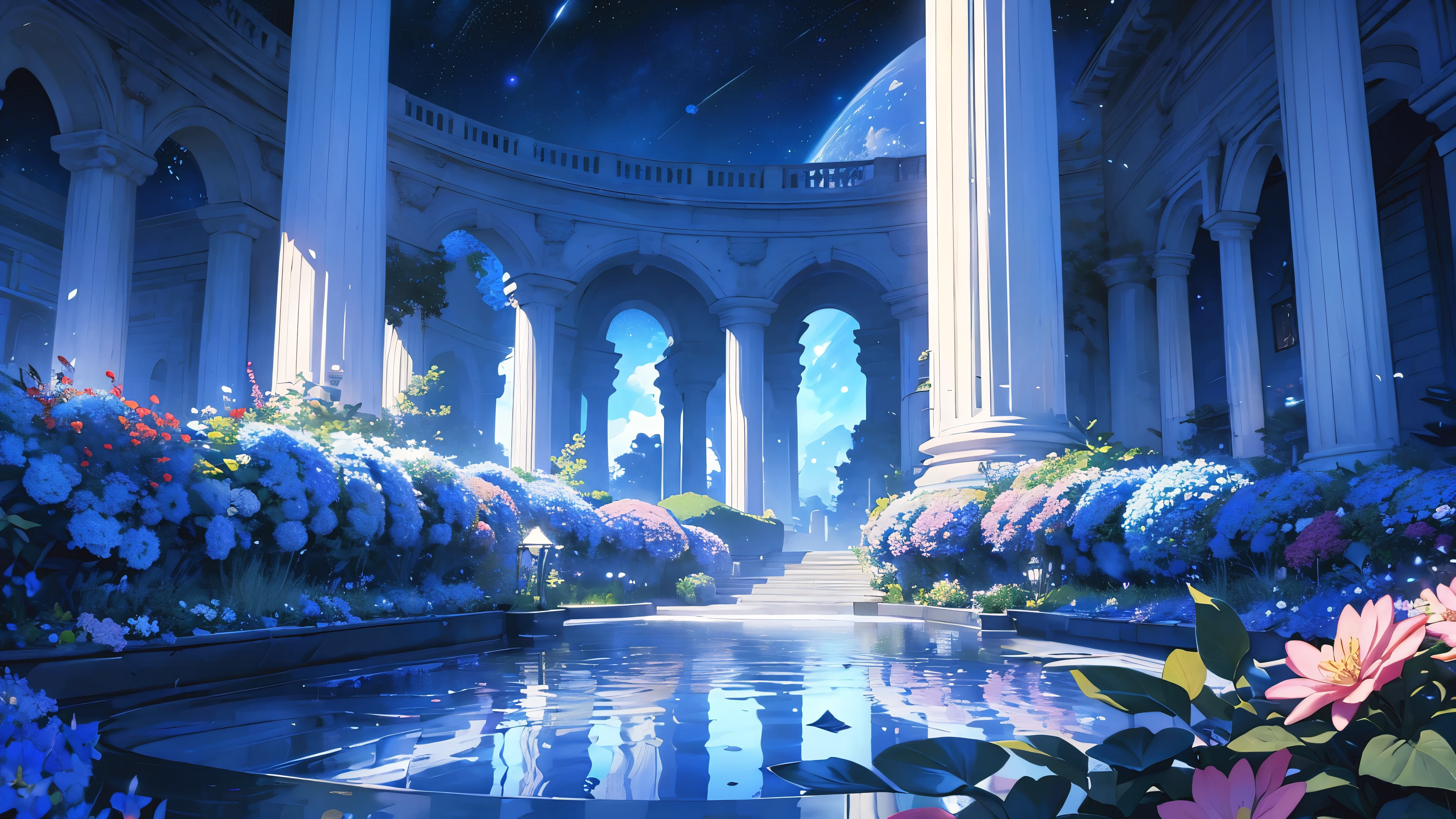 4k ultra high definition, a large courtyard garden located in space, with a white tree with blue leaves in the center of it with glowing fruits, many types of shrubs, bushes, flower patches, they sky is outer space, stars vivid bright beautiful, lush anime style