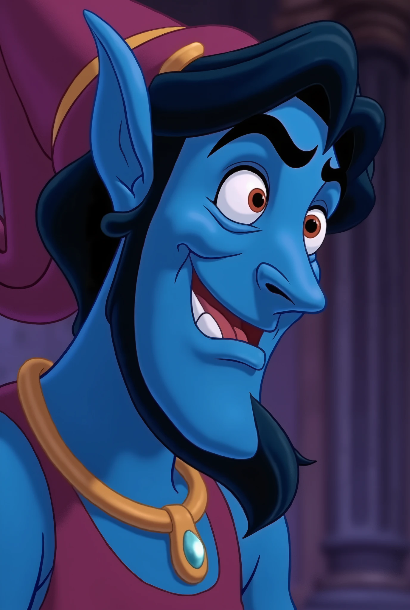 Close-up of Aladdin, the main character in the Disney film Aladdin. Close-up of Genie the Lamp Fairy. Jeanie the Lamp Fairy faces many adventures as Aladdin's master. Genie's expression is curious, super energetic and good at telling jokes. She is a friendly lamp fairy who always makes everyone around her feel at ease. He begs for freedom to escape from the lamp where he belongs. Jeannie is a big, macho man with a blue body. He specialises in the ability to transform into anything. He inhabits a lamp and when he rubs it, smoke comes out of the lamp's mouth. His mouth is supposed to be wide open, reflecting the surreal world of the desert kingdom of Agrabah. The jolly lamp fairies Jeannie, Aladdin and the Wizard. The lighting is soft yet dramatic.