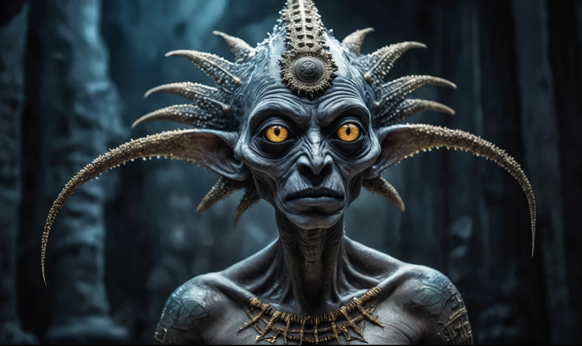 full body length shot,nerd graphite  Alien Entity,native africa, from Armenia,nowadays maya central city,Cinematic,soft colors, Technicolor,natural skin textures, hyper realism, hyper detailed,Extremely detailed,High contrast,Masterpiece,Realistic,Ultra Detailed, intricate details,realistic humid leather,extremely intricate details,Epic Realistic, cinematic style, irina yermolova,high contrast,hdr,extremely detailed, [deep night landscape],masterpiece, intricate details, eyes extremely detailed, high detailed eyes,8k resolution,retina, Nikon Z9,ogre,Egypt, Pisces, transition between two art styles,full body length, Double contact, X-ray, Creative, vivid light, fantasy, Abstract, Surrealism, super detailed, high resolution,insanity national folk wear,skin  almost translucent, gothic stile,Mestichino Light particles,chaos,starfish's skin,Angkor war of Cambodia,,(alien troll half-skull fetus, Hellraiser, , terror,fish eyes