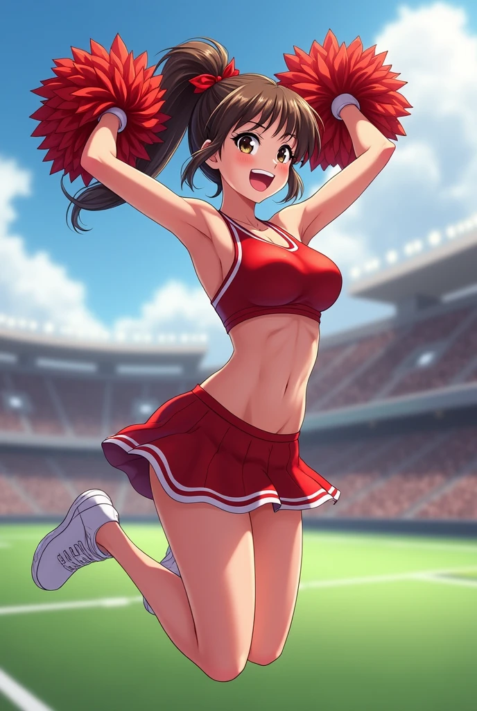 Anime Style,Cheerleading with pom-poms in a stadium.
While jumping,showing her pussy,pussy,まんこ
Sweating under my arms、Steamy。
Big breasts and visible belly。
It's easy to tell that you're sweating,tits,pussy,Shaved pussy,Nipples