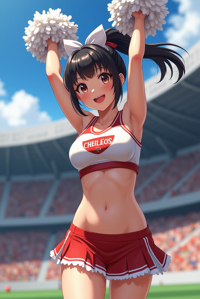 Anime Style,Cheerleading with pom-poms in a stadium.
While jumping,showing her pussy,pussy,まんこ
Sweating under my arms、Steamy。
Big breasts and visible belly。
It's easy to tell that you're sweating,tits,pussy,Shaved pussy,Nipples