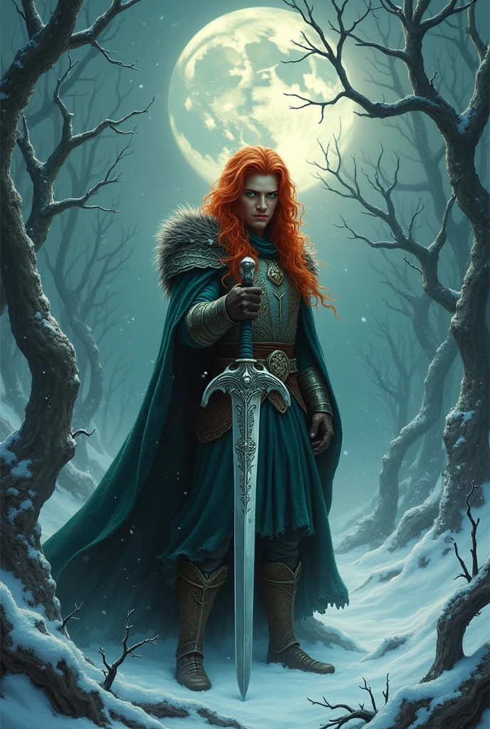Dark fantasy red-haired prince frozen with a sword