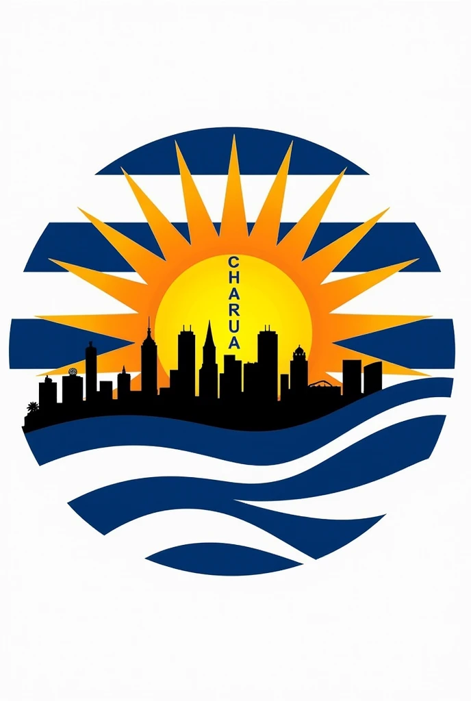 Create an image that is circular with a sun from the Uruguayan flag, a background with blue and white stripes with a city behind that says garra charrua, the part of the city that is shaped like buildings in black charrua RP IN CAPITAL LETTERS AND TAKE OUT GARRA so that the images are in a circle