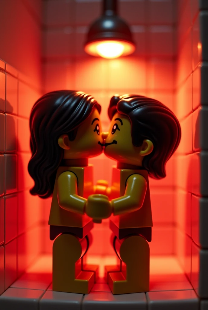 Generates an image that represents a scene with two animated figures: one male and one female, both in a shower with a simple structure,
The boy&#39;s figure has an expression of happiness and love, while the girl shows a sweet smile. They are kissing, and their arms are around each other, showing the connection and affection they have for each other. 
The lighting of the space is soft and enveloping., with a red tone that creates a warm and romantic atmosphere. This color could come from a lego lamp strategically placed outside the frame, casting their light on them and highlighting the scene. 

The background could be a mosaic of colorful tiles and more lego figures that add a touch of fun to the environment.