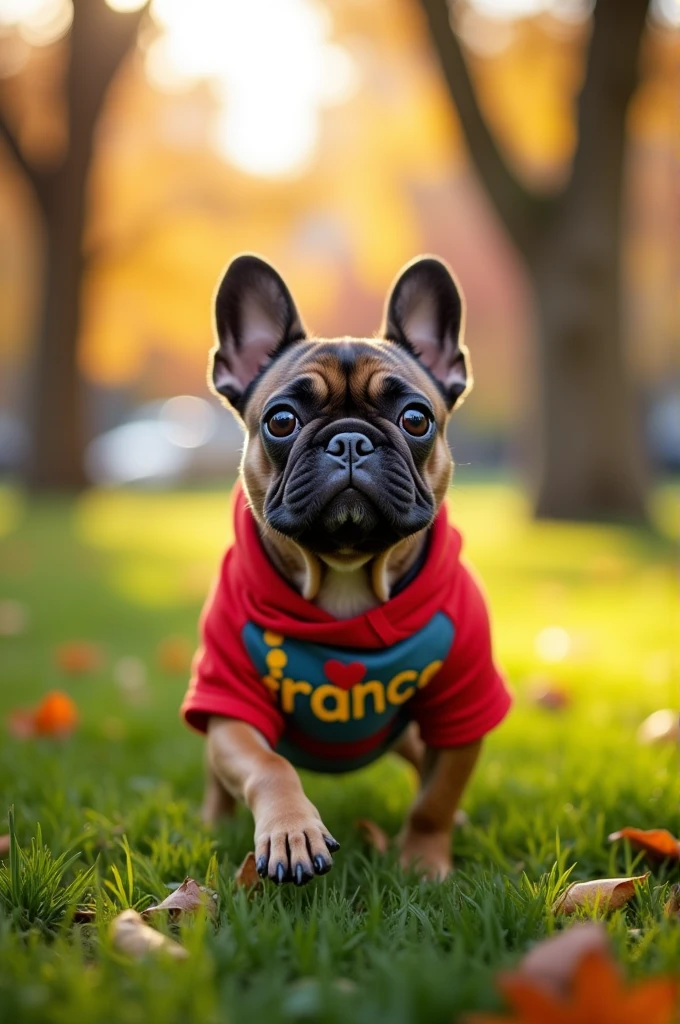 French Bulldog with a lettered shirt "I love Frane"
