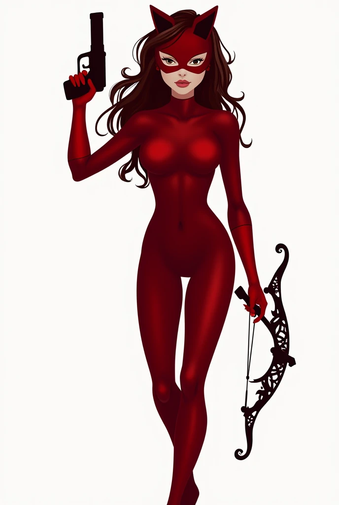 A silhouette of a  girl wearing red Catwoman suit. Wavy hair. no head gear. Wearing red mascaraed mask. Holding a small gun and bow. Plain background 