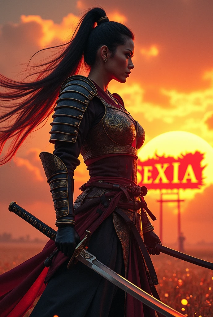 ((Japan Samurai for women)，field of battle，dynamic pose，portrait of upper body、Longsword，armors，fiery sky，crazy details，details Intricate，high resolution，8k，((anatomically correcte)) sign in the background written : SexIA on fire