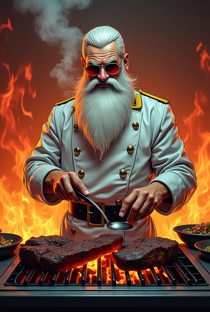 Comic of a hatless witch wearing a chef's jacket with a white beard and white military hair looking straight ahead and preparing black charcoal meats with a half-smile, arrogant look surrounded by an atmosphere of a kitchen of fire and a lot of heat