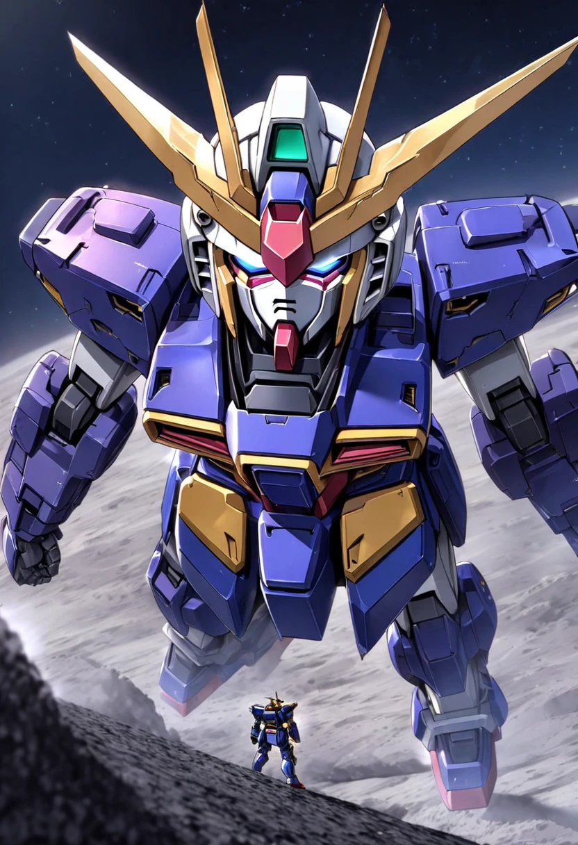 a violet gundam robot, some Samurai styling, staring up, camera is low looking up, lunar surface, raging battle in space