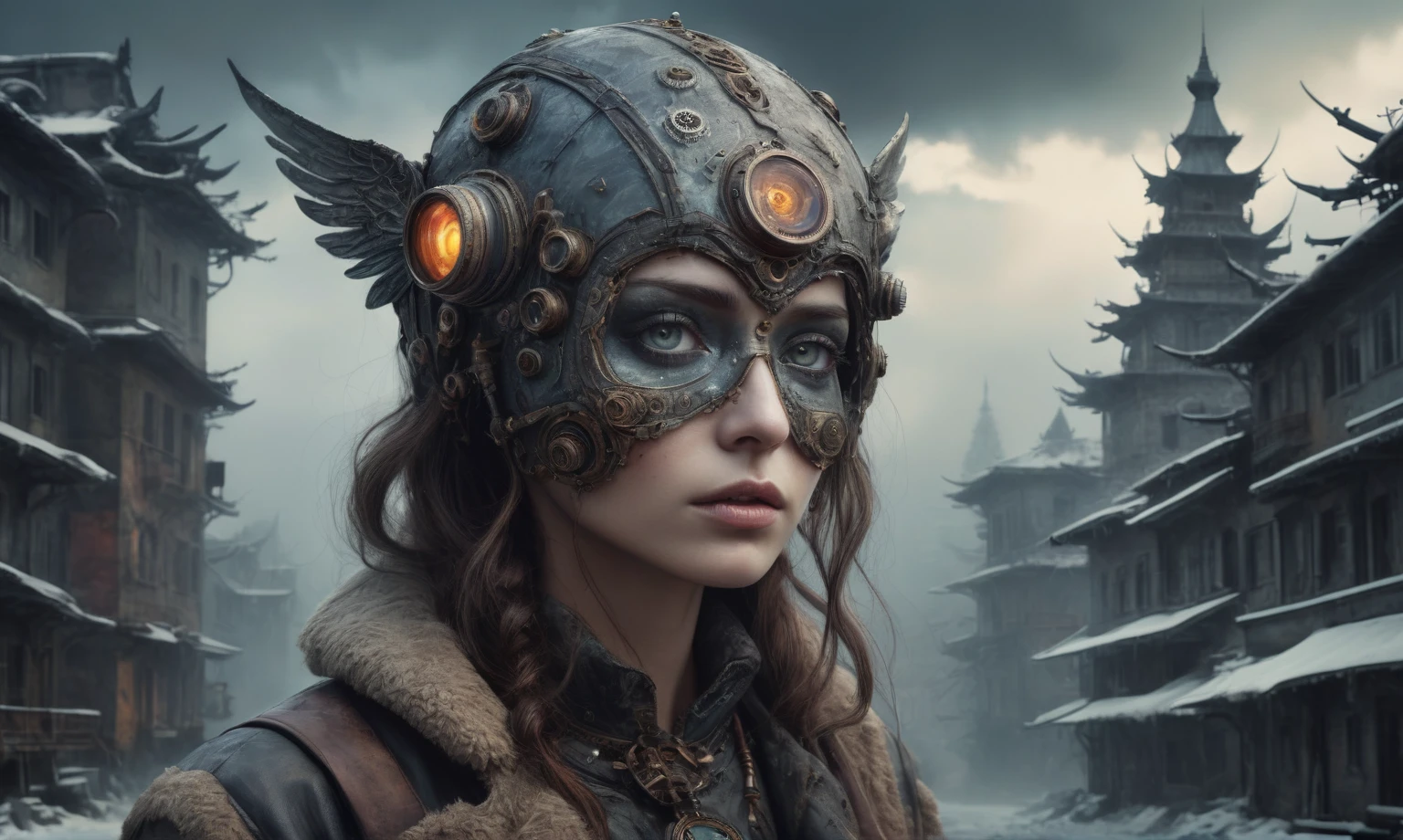 insane pilot from USSR , camouflage Rusty, after a psychiatric clinic,winter,intricate landscape,slate grey atmosphere,film grain,faded,eyes extremely detailed,another world,view from height,once pretty face,eyebrow up,full body shot,ominous landscape, Simon Stalenhag,Nicola Samori,full body shot,beggar paladium The Alien Entity,Technicolor,natural skin textures, hyper realism, hyper detailed,Extremely detailed,High contrast,Masterpiece,Realistic,Ultra Detailed, intricate details,realistic humid leather,extremly intricate,Epic Realistic, cinematic style,irina yermolova,high contrast,hdr,extremely detailed, deep night landscape,masterpiece,intricate details,faded,eyes extremely detailed, high detailed eyes,8k resolution,RAW,retina, Nikon Z9,China,tkt style, transition between two art styles, Ink painting to photorealism, Double contact, X-ray, Creative, vivid light, masterpiece, fantasy, Abstract Surrealism, super detailed, high resolution, stop:35;Her skin is pale, almost translucent,ancient rock,a hot air soars through the layers of clouds, revealing a colossal and enigmatic cityscape nestled within. The buildings in this ethereal city are adorned with intricate details and exude an aura of mystery. Above the cityscape, lend an enchanting touch to the scene. steampunk. The intricate mechanics create a sense of wonder and fascination, as if stepping into a dreamlike realism,Marta Bevacqua, A sorceress wearing a mystical mask adorned with glowing runes and ancient symbols. magical energy through the mask, surrounded by swirling arcane forces that bend to her will