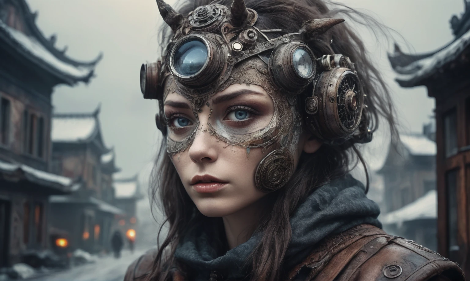 insane pilot from USSR , camouflage Rusty, after a psychiatric clinic,winter,intricate landscape,slate grey atmosphere,film grain,faded,eyes extremely detailed,another world,view from height,once pretty face,eyebrow up,full body shot,ominous landscape, Simon Stalenhag,Nicola Samori,full body shot,beggar paladium The Alien Entity,Technicolor,natural skin textures, hyper realism, hyper detailed,Extremely detailed,High contrast,Masterpiece,Realistic,Ultra Detailed, intricate details,realistic humid leather,extremly intricate,Epic Realistic, cinematic style,irina yermolova,high contrast,hdr,extremely detailed, deep night landscape,masterpiece,intricate details,faded,eyes extremely detailed, high detailed eyes,8k resolution,RAW,retina, Nikon Z9,China,tkt style, transition between two art styles, Ink painting to photorealism, Double contact, X-ray, Creative, vivid light, masterpiece, fantasy, Abstract Surrealism, super detailed, high resolution, stop:35;Her skin is pale, almost translucent,ancient rock,a hot air soars through the layers of clouds, revealing a colossal and enigmatic cityscape nestled within. The buildings in this ethereal city are adorned with intricate details and exude an aura of mystery. Above the cityscape, lend an enchanting touch to the scene. steampunk. The intricate mechanics create a sense of wonder and fascination, as if stepping into a dreamlike realism,Marta Bevacqua, A sorceress wearing a mystical mask adorned with glowing runes and ancient symbols. magical energy through the mask, surrounded by swirling arcane forces that bend to her will