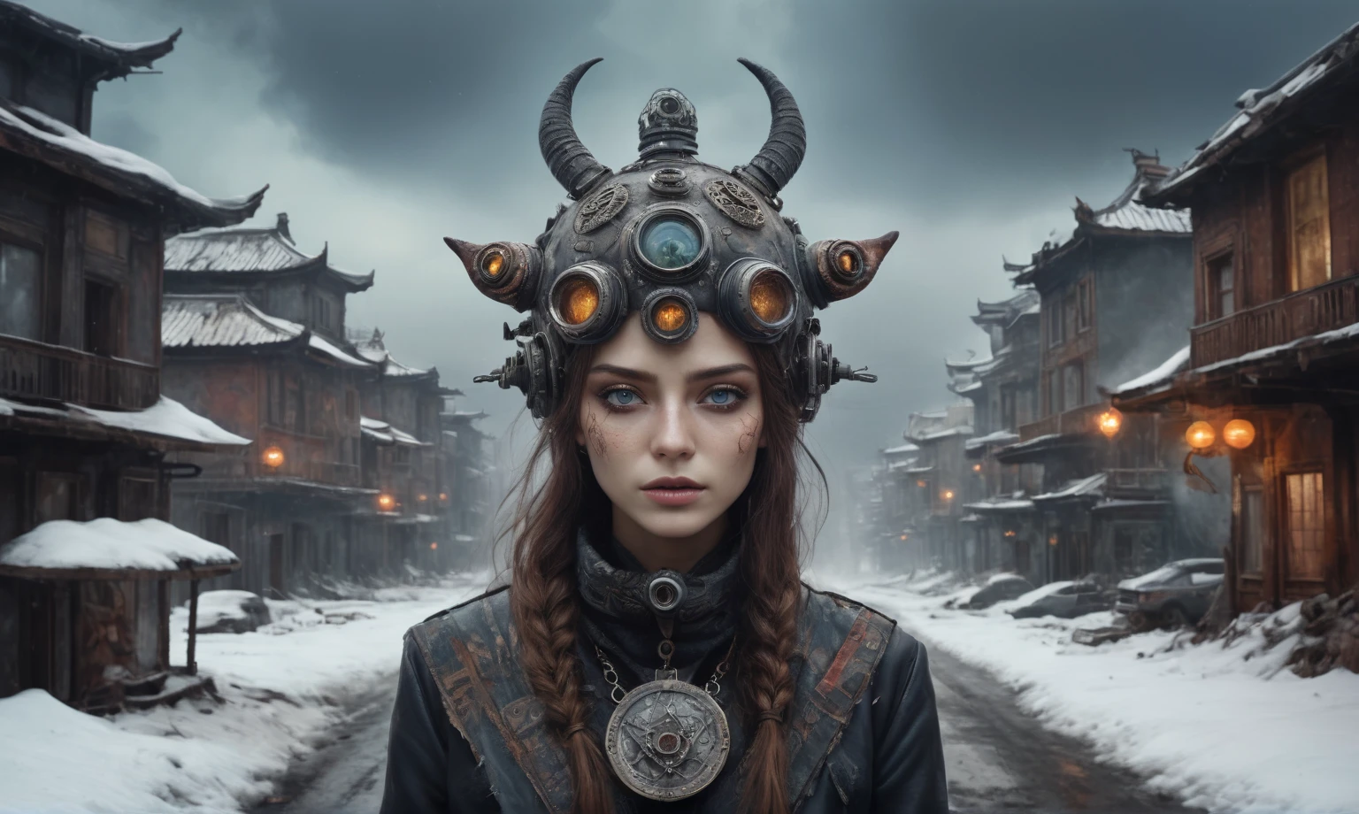insane pilot from USSR , camouflage Rusty, after a psychiatric clinic,winter,intricate landscape,slate grey atmosphere,film grain,faded,eyes extremely detailed,another world,view from height,once pretty face,eyebrow up,full body shot,ominous landscape, Simon Stalenhag,Nicola Samori,full body shot,beggar paladium The Alien Entity,Technicolor,natural skin textures, hyper realism, hyper detailed,Extremely detailed,High contrast,Masterpiece,Realistic,Ultra Detailed, intricate details,realistic humid leather,extremly intricate,Epic Realistic, cinematic style,irina yermolova,high contrast,hdr,extremely detailed, deep night landscape,masterpiece,intricate details,faded,eyes extremely detailed, high detailed eyes,8k resolution,RAW,retina, Nikon Z9,China,tkt style, transition between two art styles, Ink painting to photorealism, Double contact, X-ray, Creative, vivid light, masterpiece, fantasy, Abstract Surrealism, super detailed, high resolution, stop:35;Her skin is pale, almost translucent,ancient rock,a hot air soars through the layers of clouds, revealing a colossal and enigmatic cityscape nestled within. The buildings in this ethereal city are adorned with intricate details and exude an aura of mystery. Above the cityscape, lend an enchanting touch to the scene. steampunk. The intricate mechanics create a sense of wonder and fascination, as if stepping into a dreamlike realism,Marta Bevacqua, A sorceress wearing a mystical mask adorned with glowing runes and ancient symbols. magical energy through the mask, surrounded by swirling arcane forces that bend to her will
