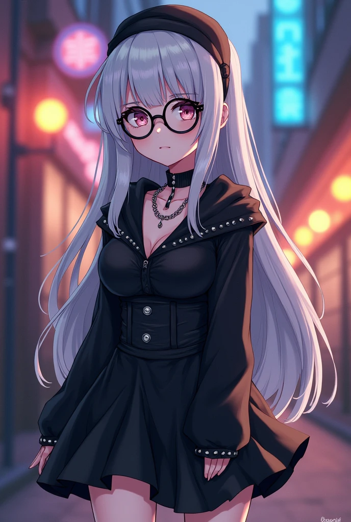 Create an anime girl character, slim build, White skin, long straight white hair, with a lock of black hair, a black head warmer, a black choker with spikes and chains hanging, a black blouse and a short black skirt , and black glasses 