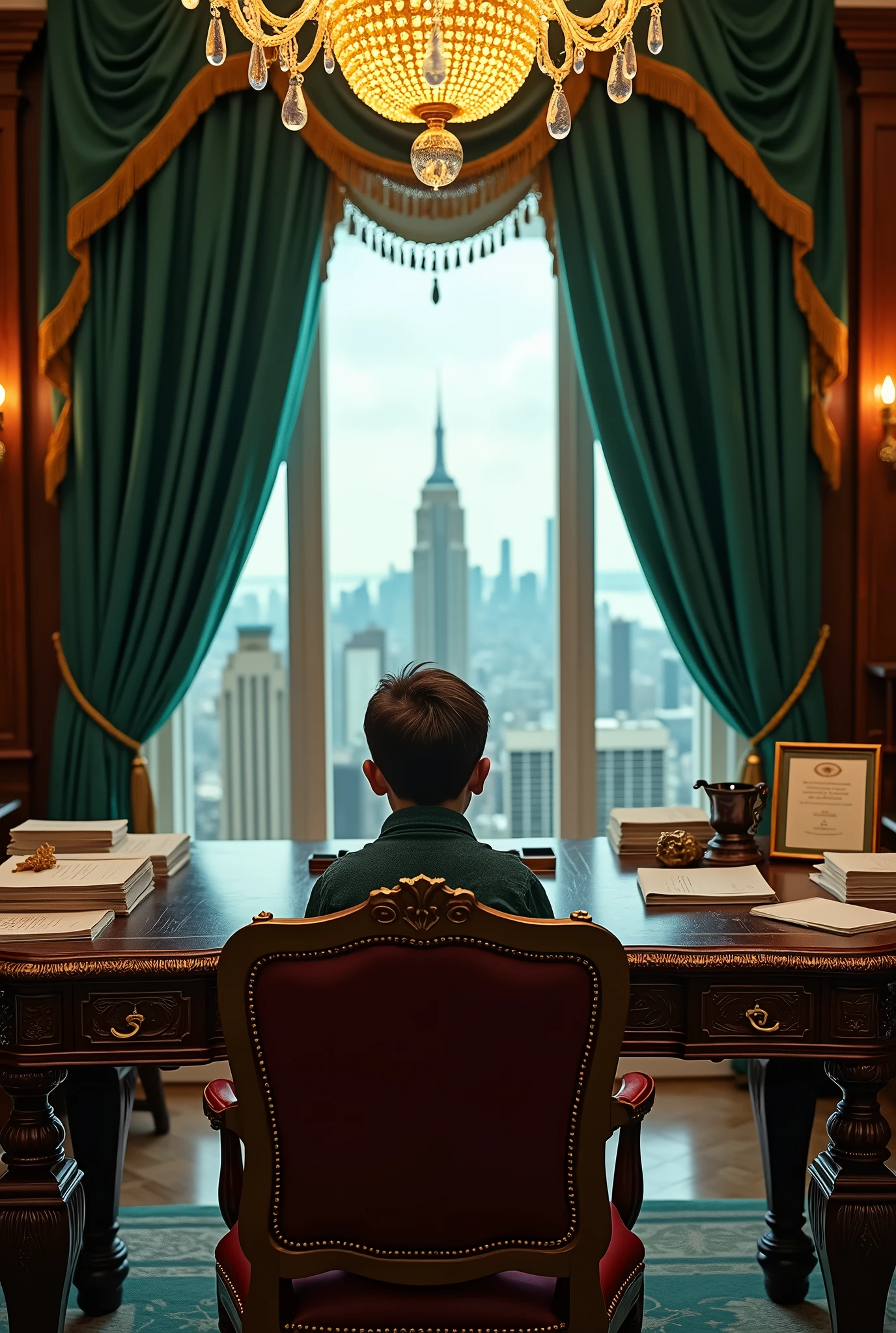 a boy sitting on chair in luxury office with sad mode